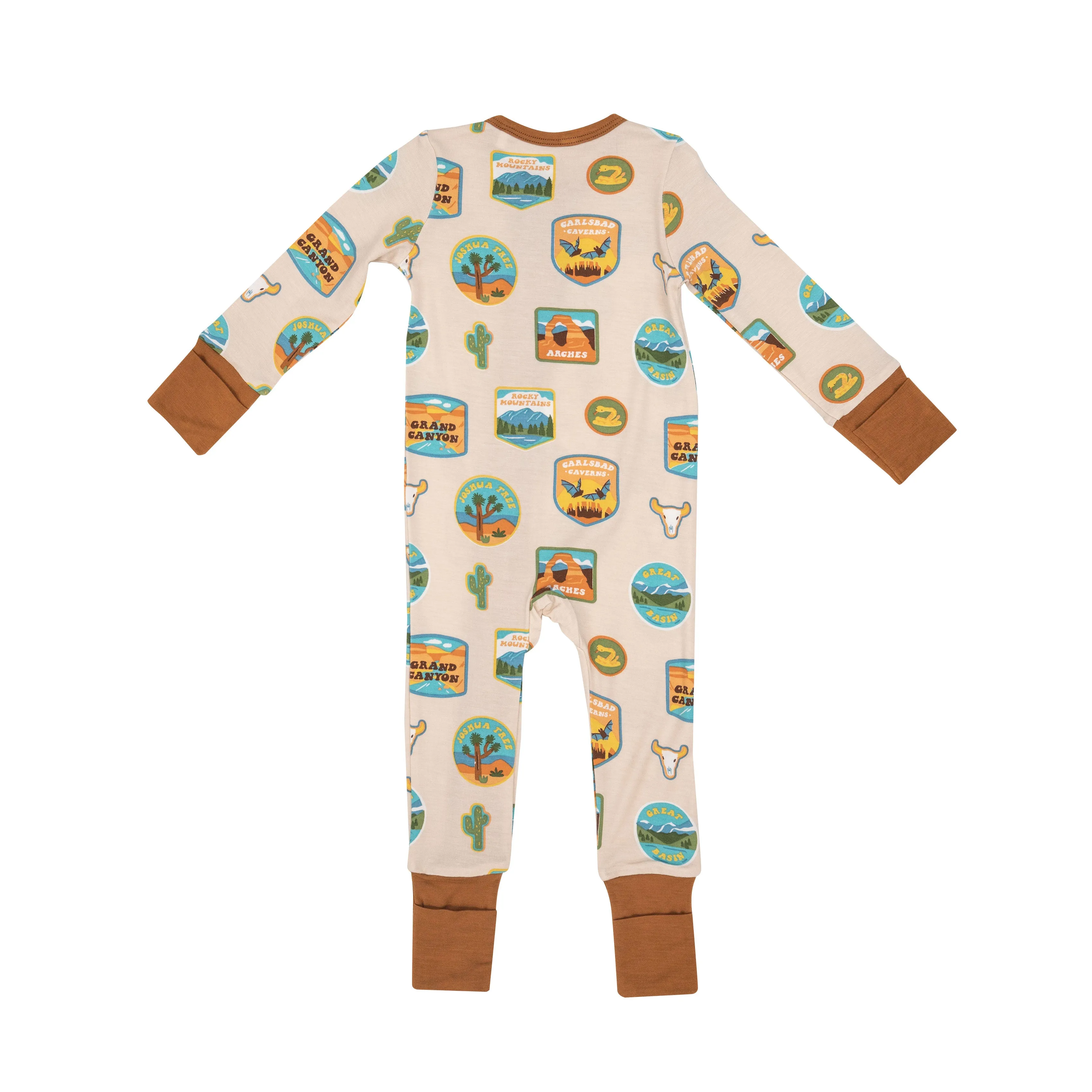 Angel Dear Two Way Zipper Romper in Cream National Parks Patches Southwest
