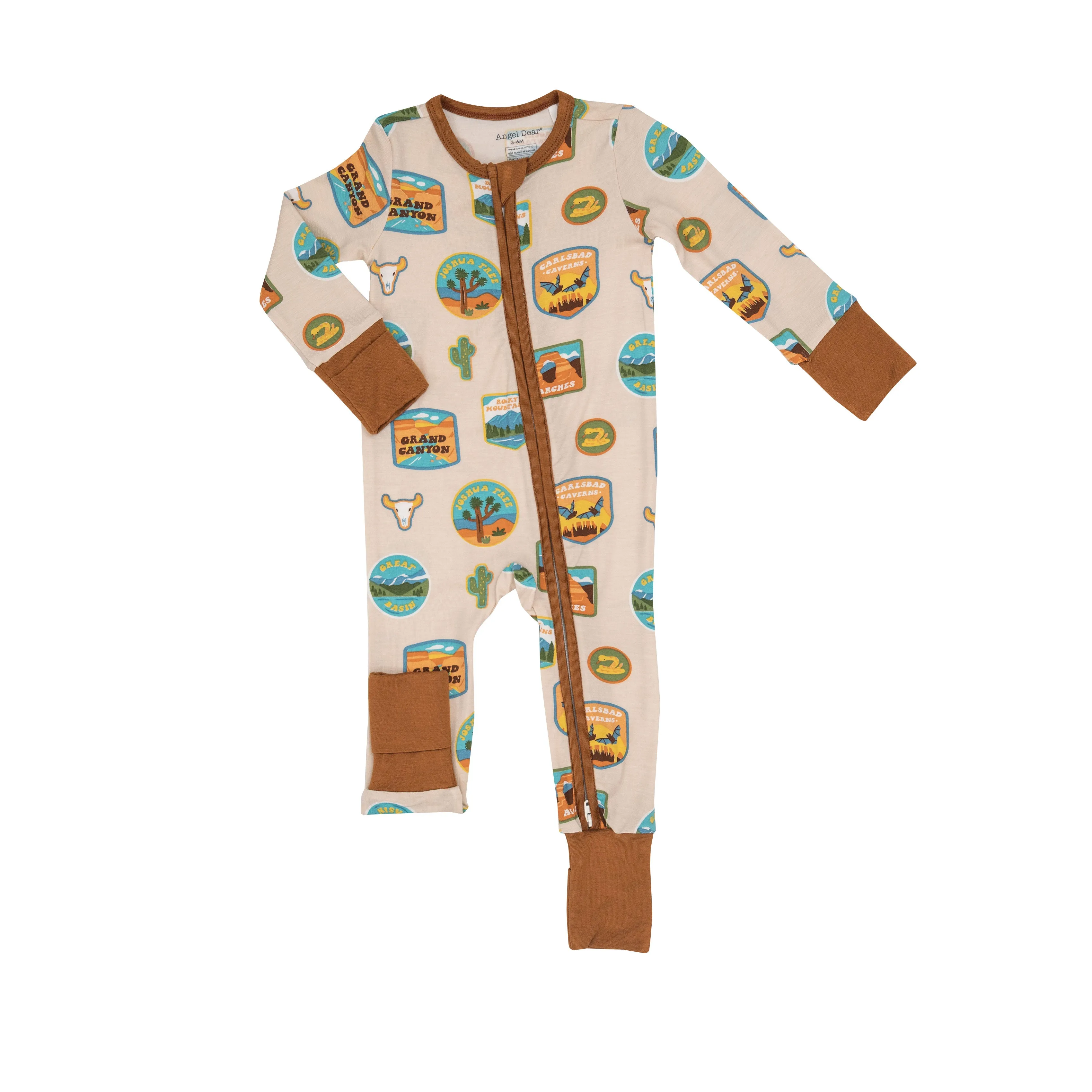 Angel Dear Two Way Zipper Romper in Cream National Parks Patches Southwest