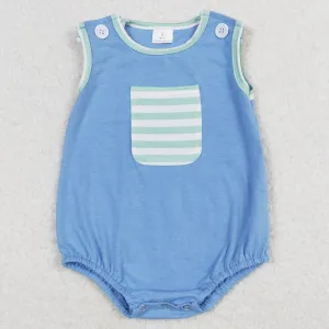 Baby Infant Boys Romper Blue Green Stripes Pocket Summer Sleeveless Rompers SR0641