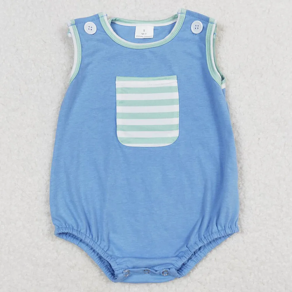 Baby Infant Boys Romper Blue Green Stripes Pocket Summer Sleeveless Rompers SR0641
