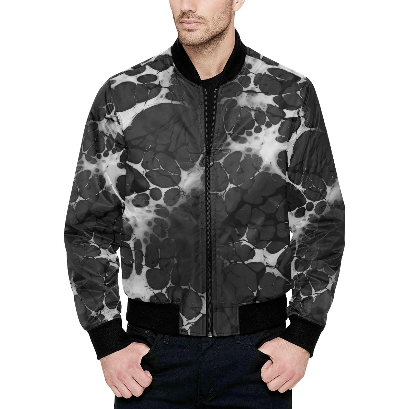 Black & Grey Ink Splatter Quilted Bomber Jacket