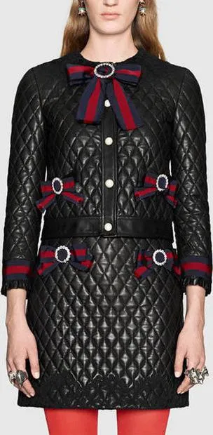 Bow-Embellished Black Diamond Quilted Jacket & Skirt Set