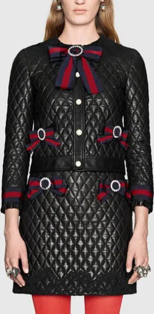 Bow-Embellished Black Diamond Quilted Jacket & Skirt Set
