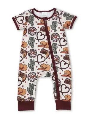 Desert Theme Boots Hat Cactus Unisex Western Zipper Romper Onesie