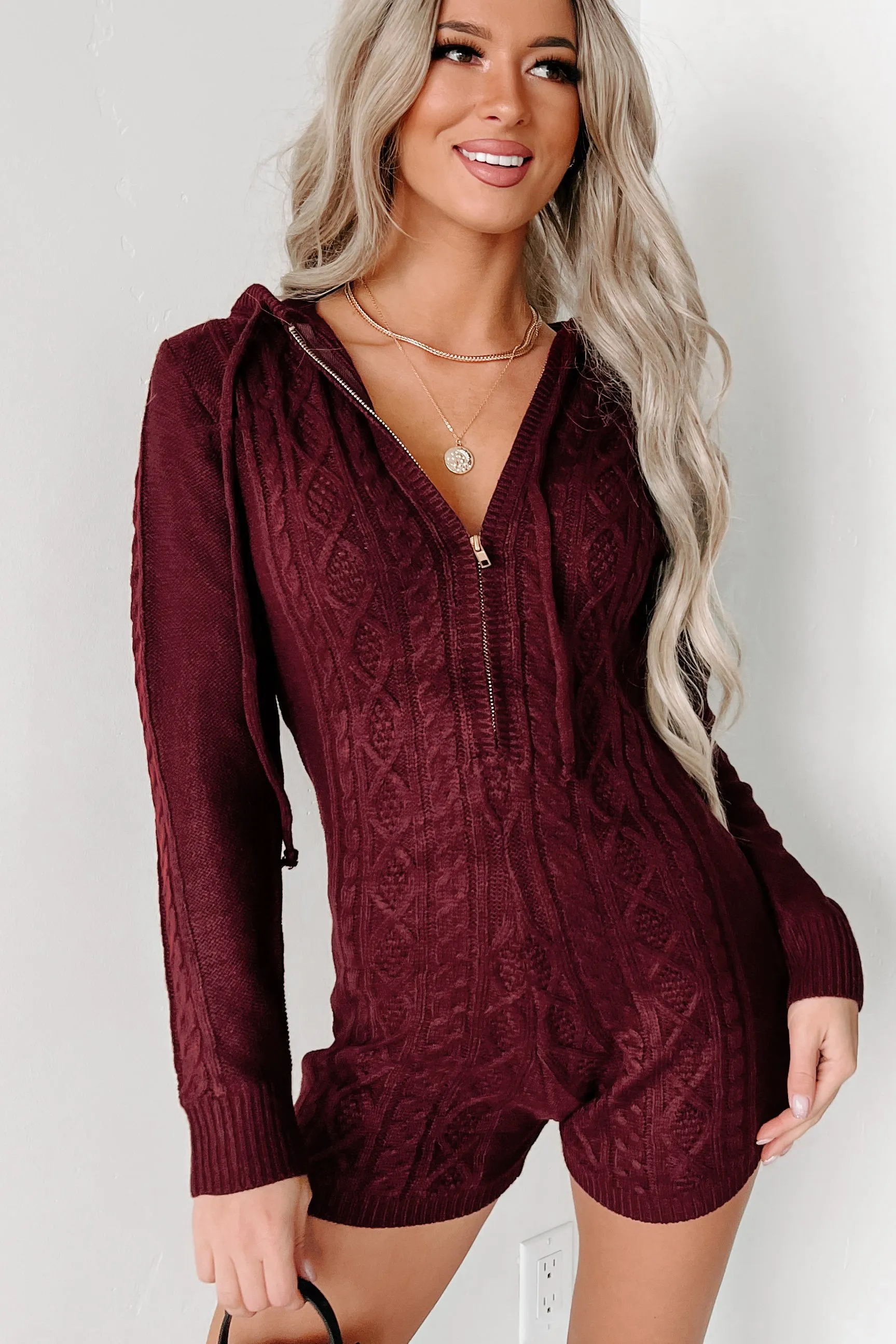Dizzy Half-Zip Cable Knit Romper (Burgundy)
