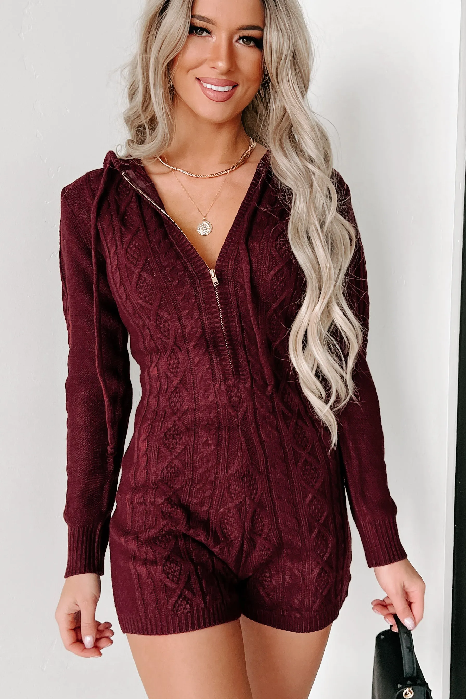 Dizzy Half-Zip Cable Knit Romper (Burgundy)