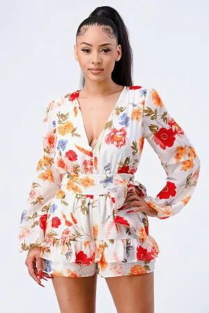 FLORAL CHIFFON V-NECK RUFFLED ROMPER