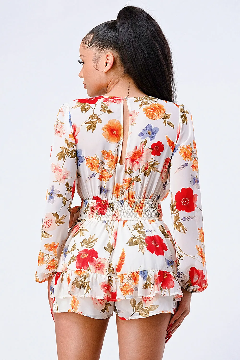 FLORAL CHIFFON V-NECK RUFFLED ROMPER