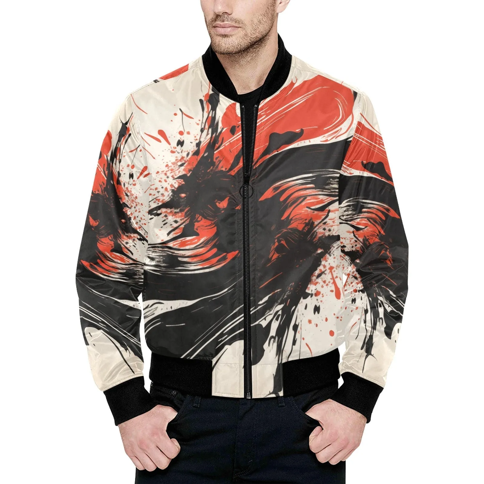 Japanese Abstract Ink Splash Black & Red Quilted Bomber Jacket