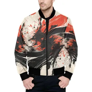 Japanese Abstract Ink Splash Black & Red Quilted Bomber Jacket