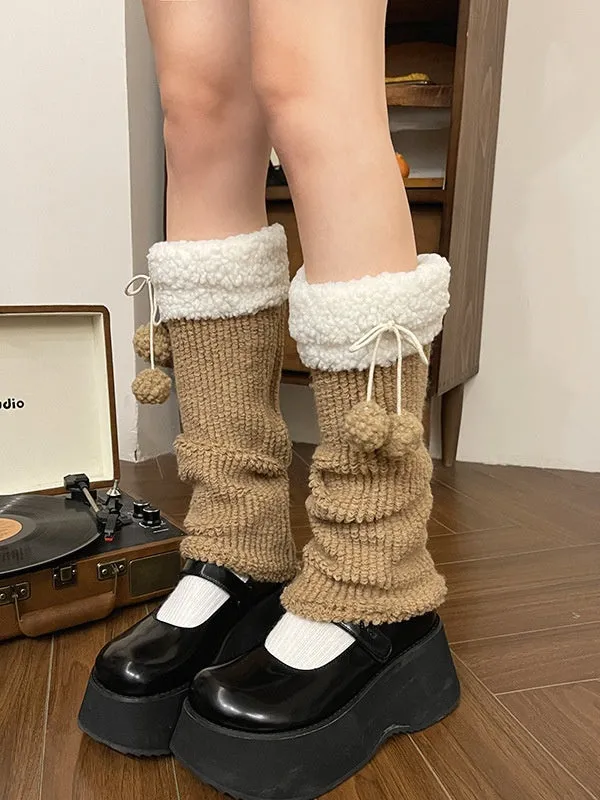 Khaki&Brown Sweet Leg Warmers With Pompons