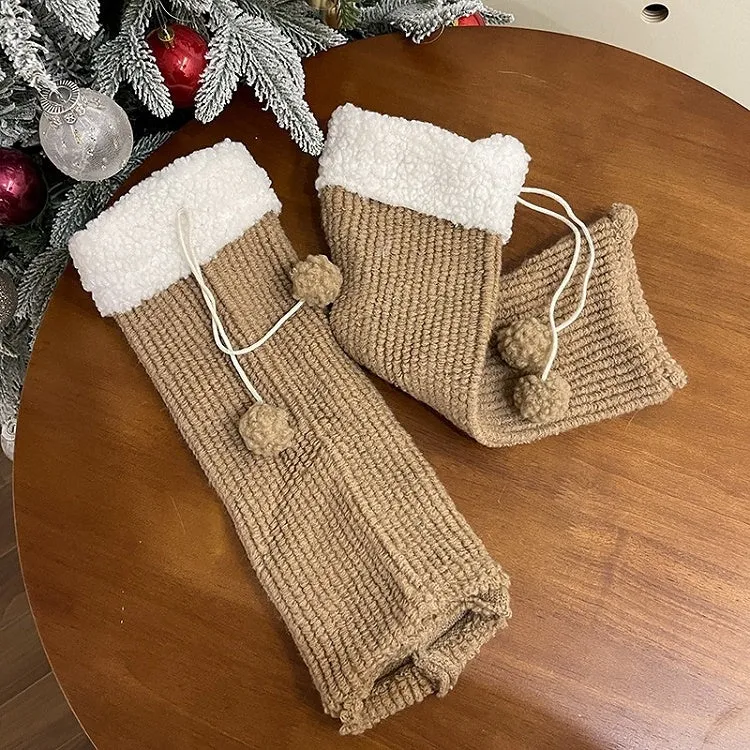 Khaki&Brown Sweet Leg Warmers With Pompons