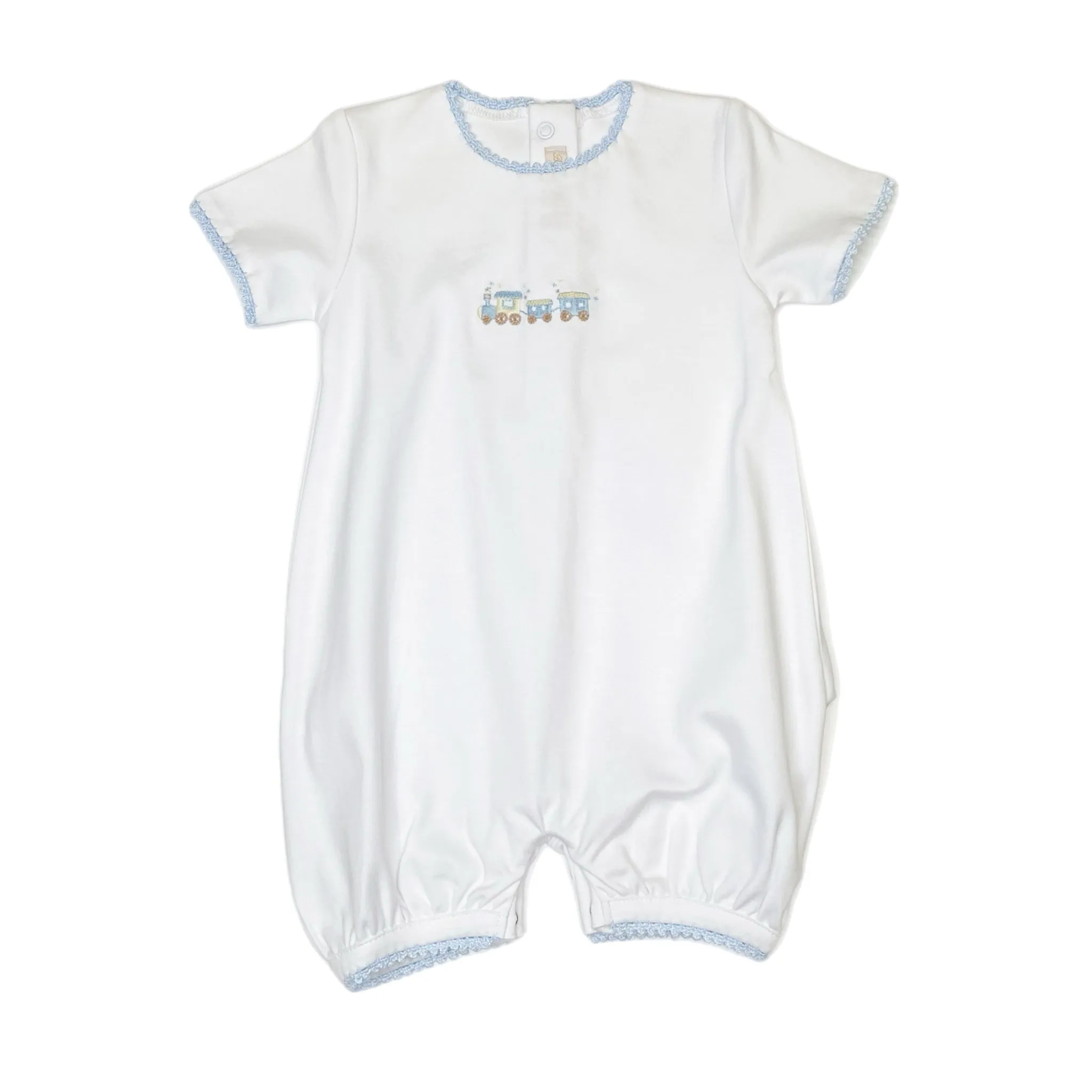 Little Train Embroidered Romper w/ Crochet Trim
