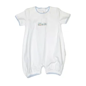 Little Train Embroidered Romper w/ Crochet Trim
