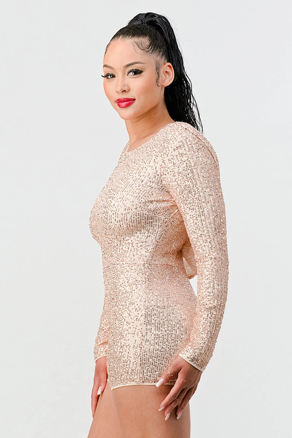 LUX SEQUIN OPEN BACK LONG SLEEVE BODYCON ROMPER