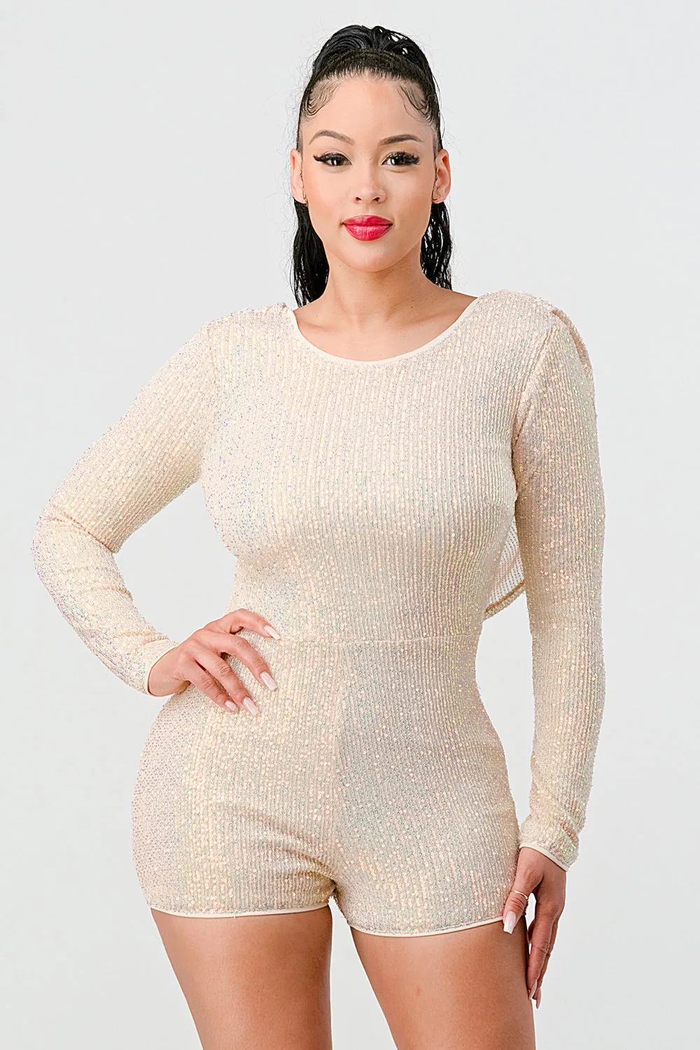 LUX SEQUIN OPEN BACK LONG SLEEVE BODYCON ROMPER
