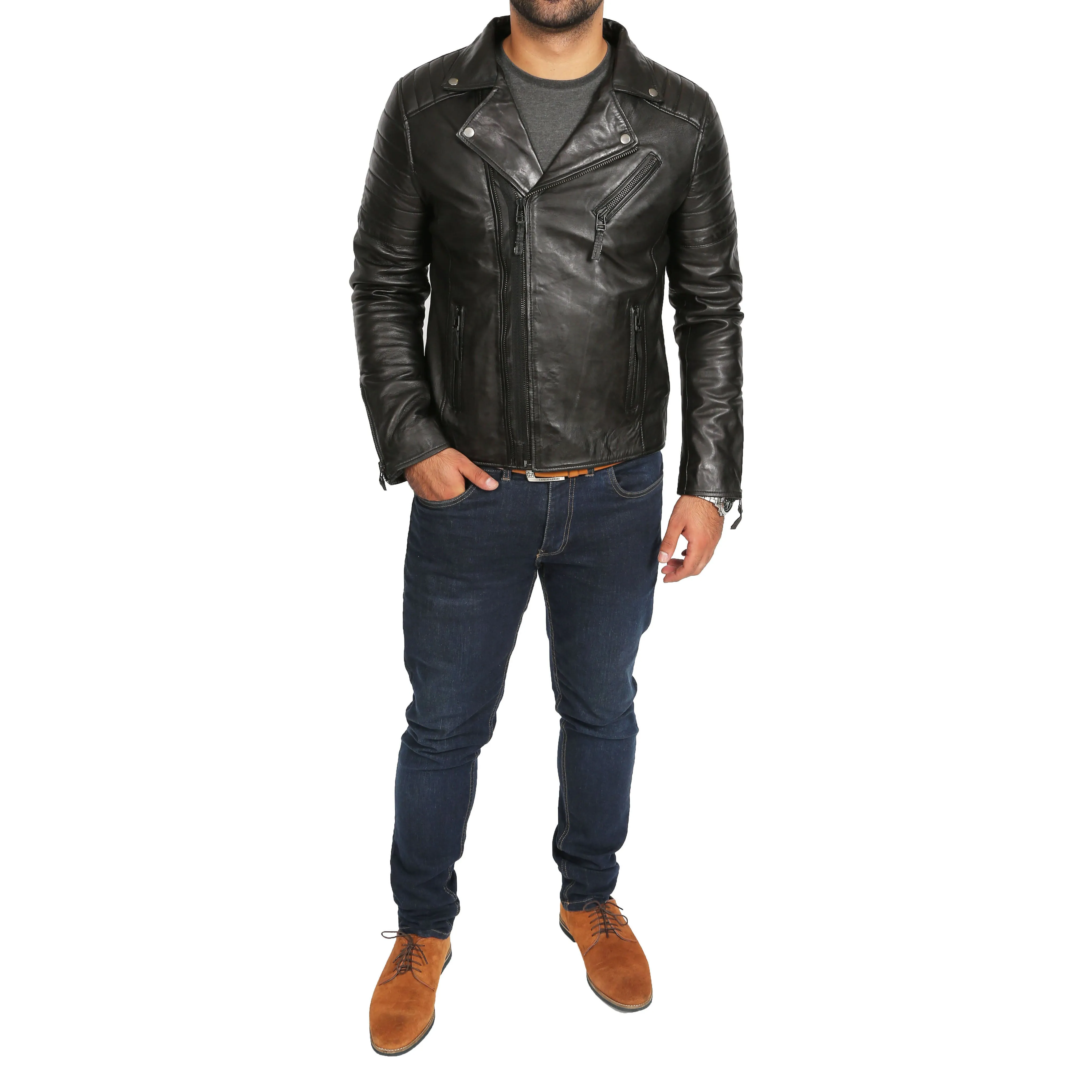 Mens Soft Leather Biker Jacket X-Zip Max Black