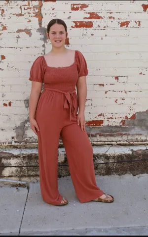 Rust Bubble Sleeve Smocked Jumpsuit