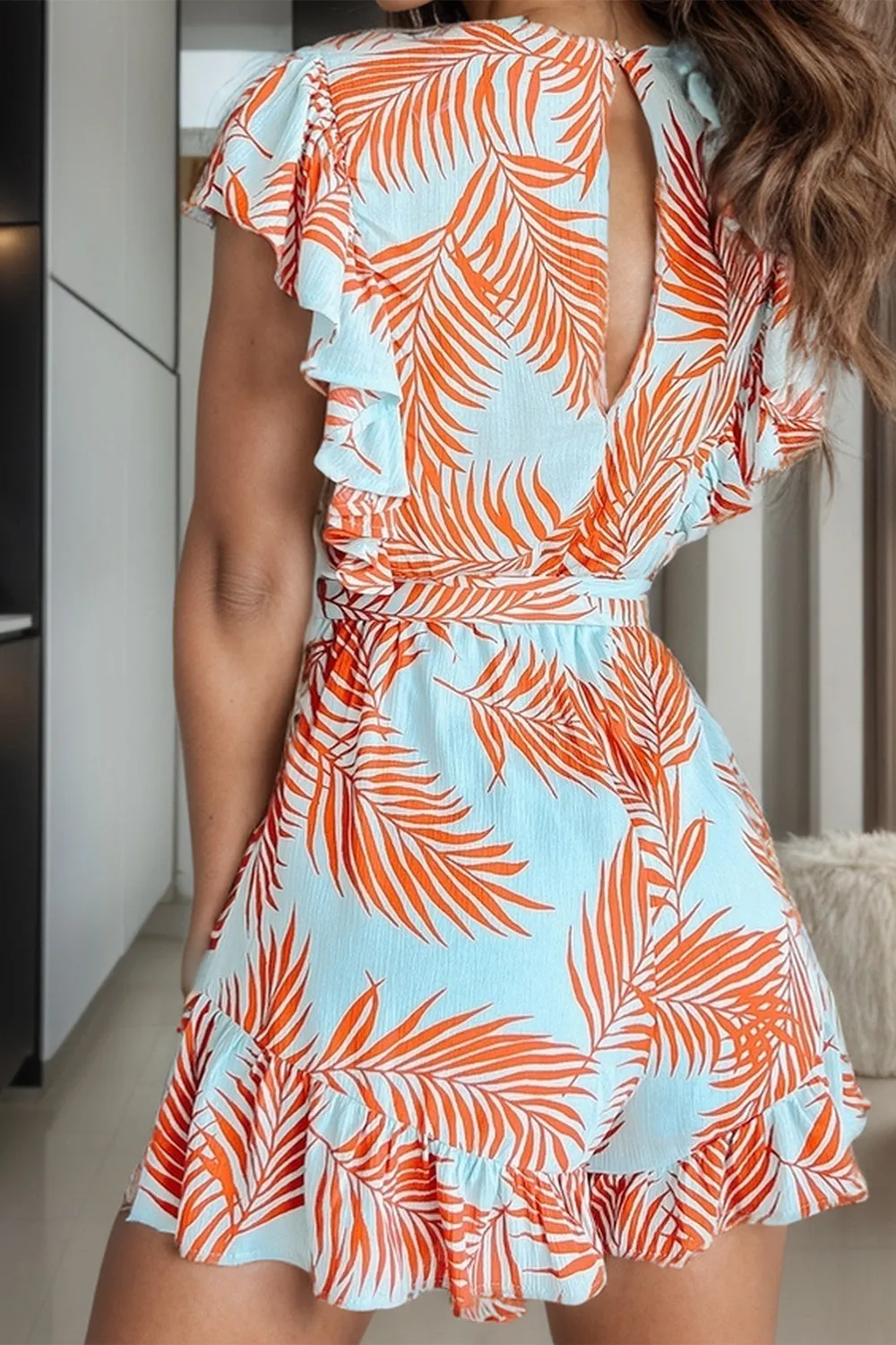 Tropical Ruffle Sleeve Vacation Romper