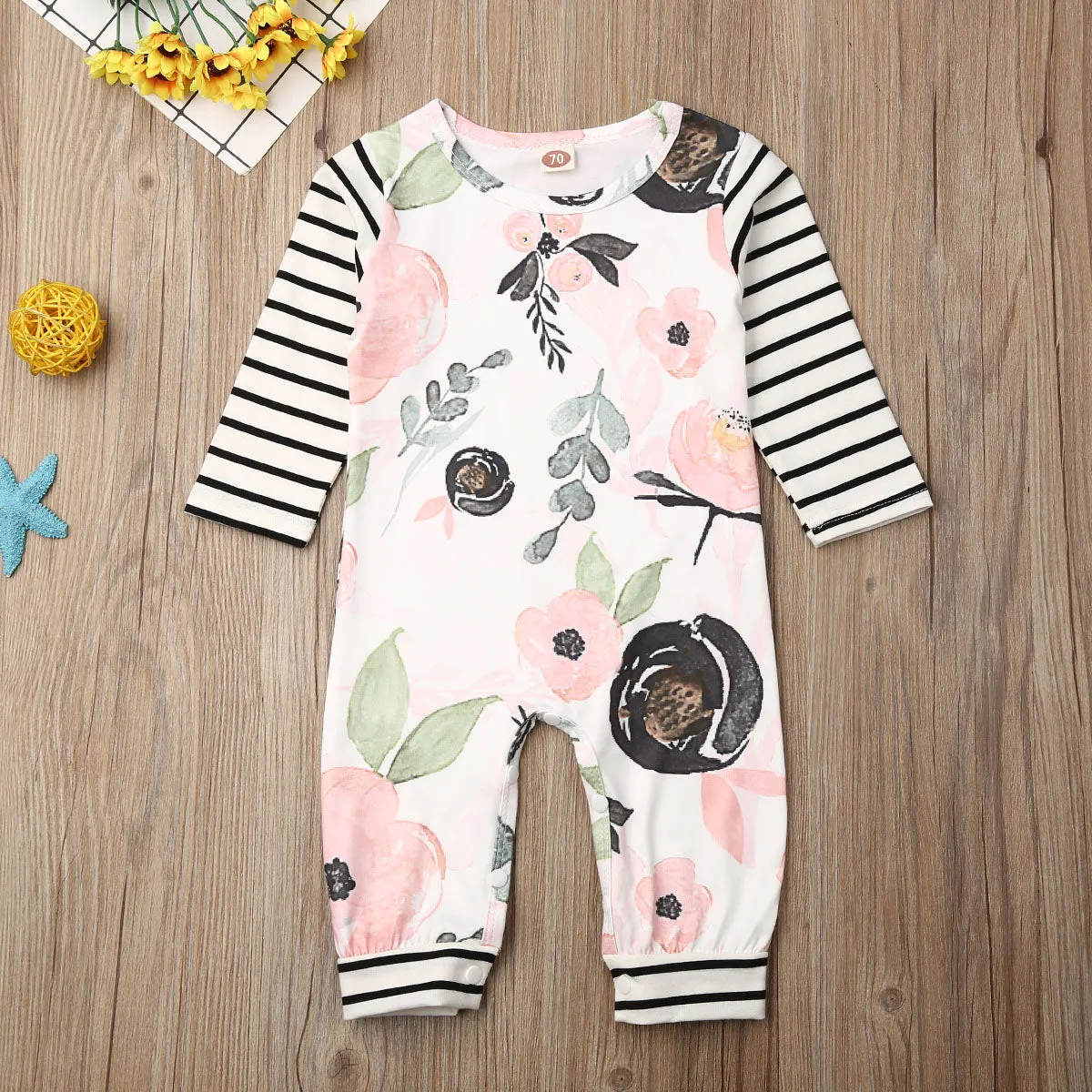 Unisex Baby Flower Striped Long Sleeves Cute Romper For Toddlers