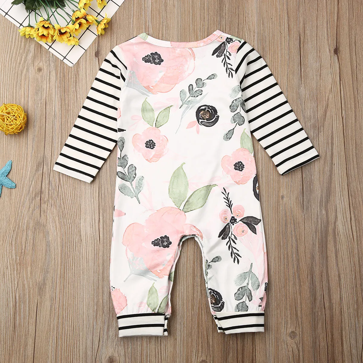Unisex Baby Flower Striped Long Sleeves Cute Romper For Toddlers
