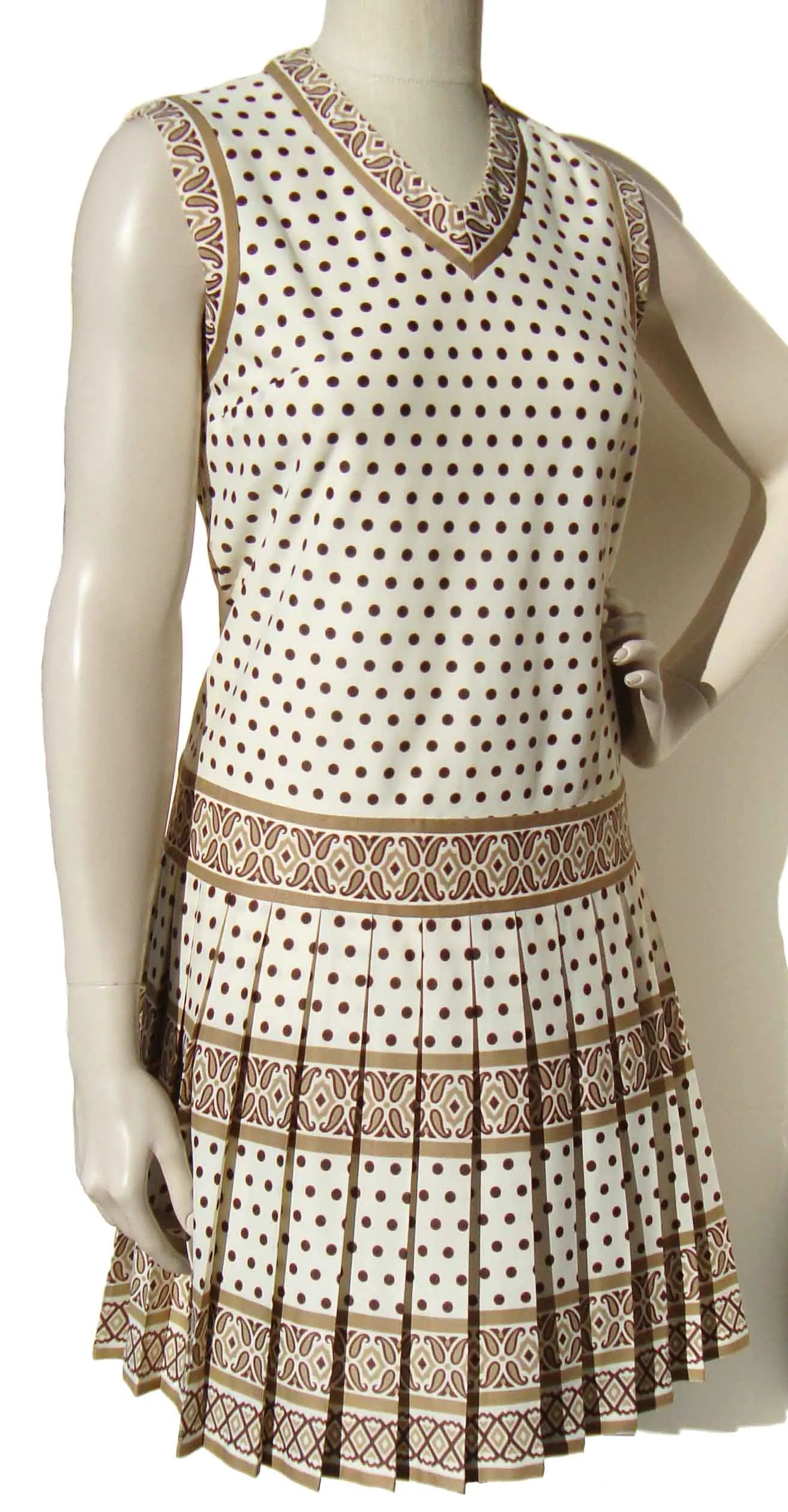 Vintage 60s Sleeveless Dress Polka Dots & Border Print M