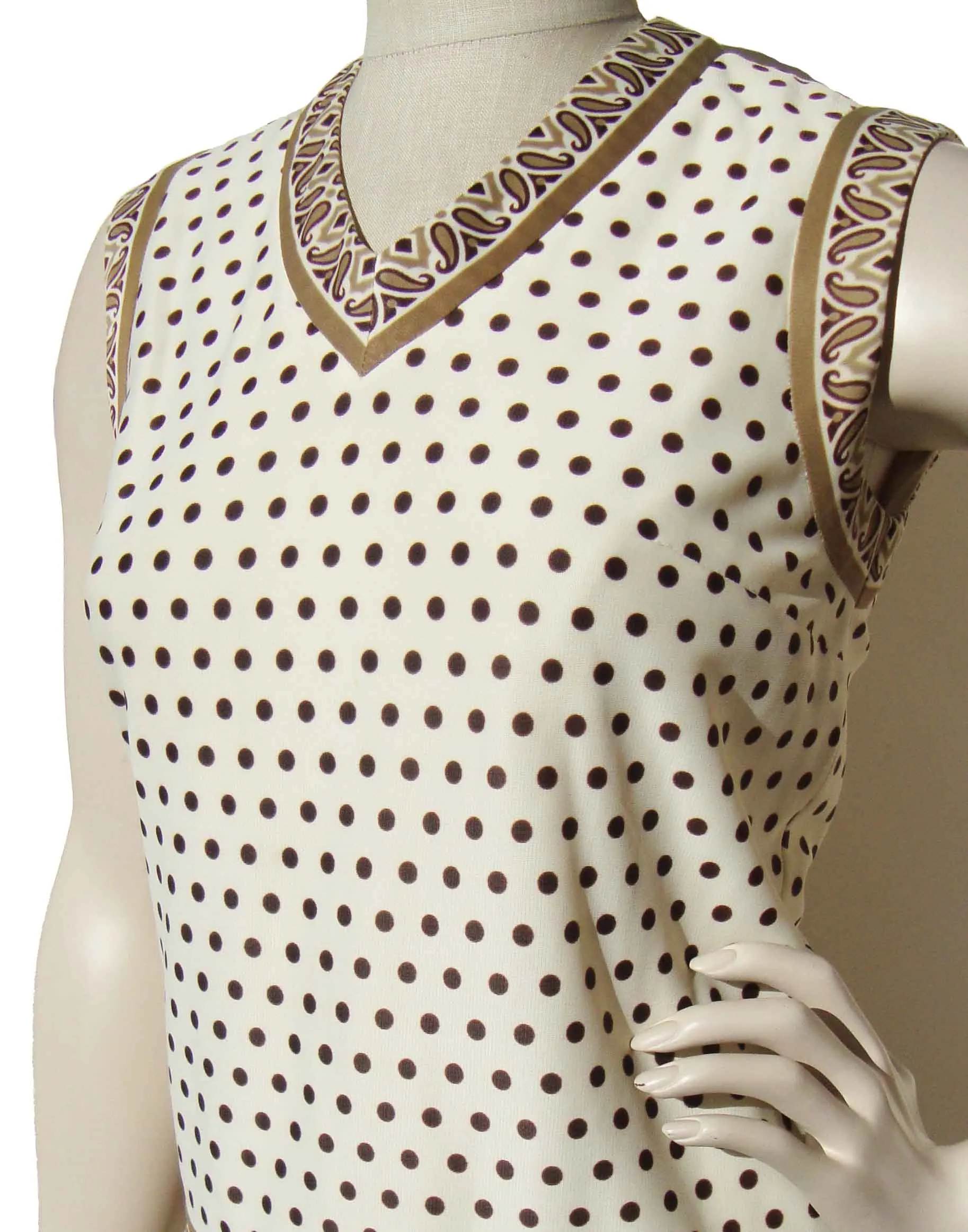 Vintage 60s Sleeveless Dress Polka Dots & Border Print M