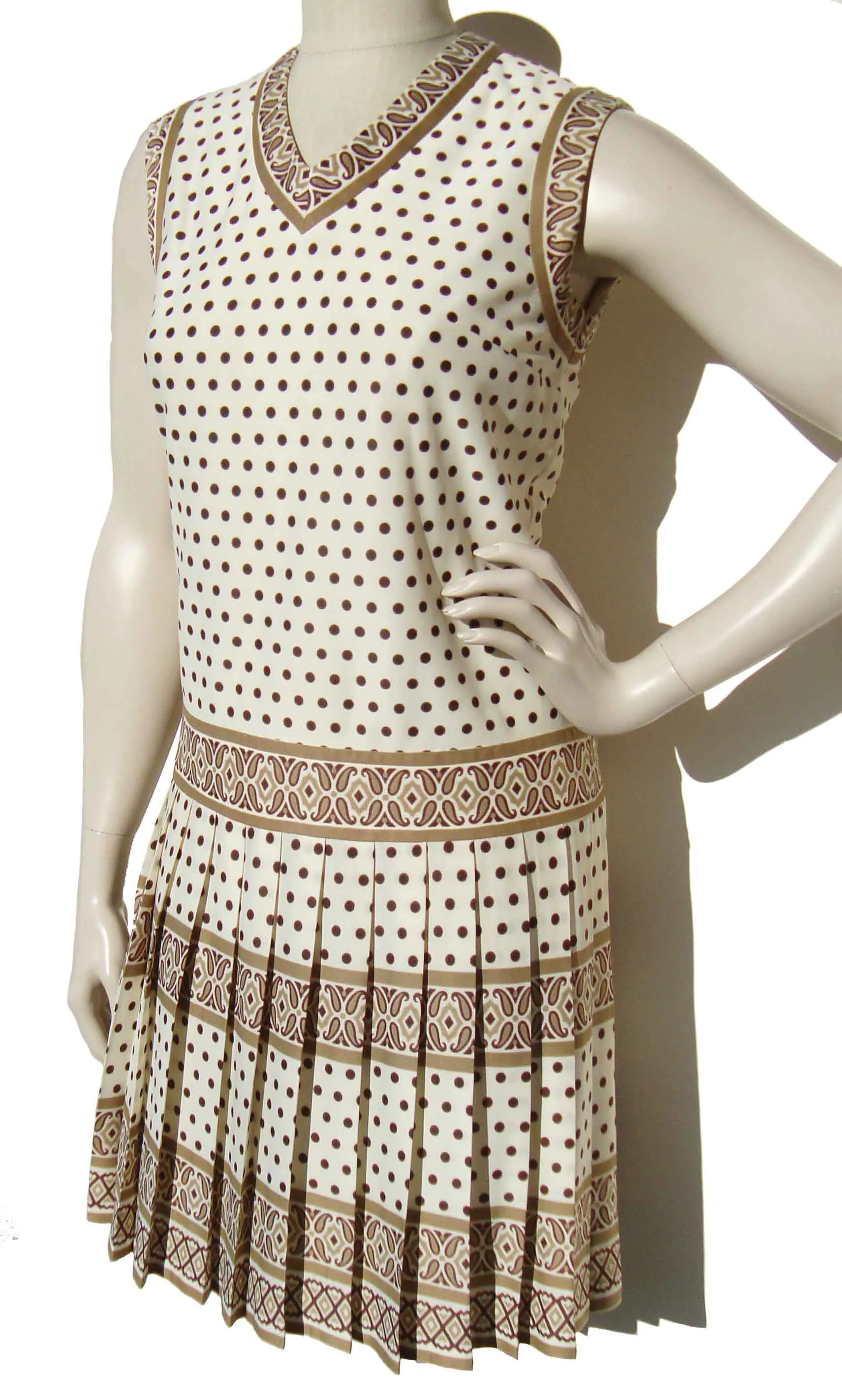 Vintage 60s Sleeveless Dress Polka Dots & Border Print M