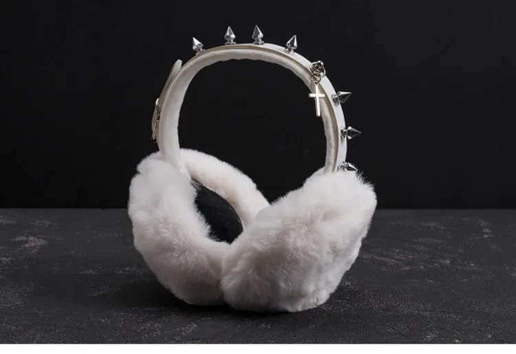 White Handmade Studs Cross Buckle Plush Earmuffs