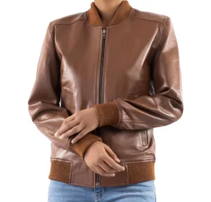 Women's Classic Baseball Cognac Leather Bomber Style Jacket